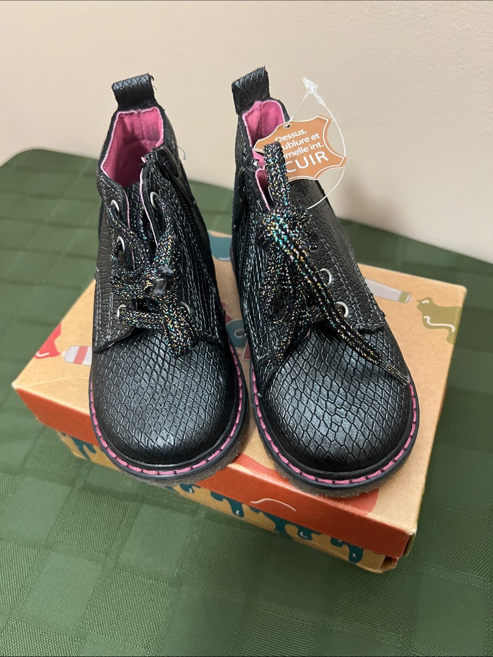 NWTs Bopy Kids Black Textured Walking Ankle Boots with Pink Lining
